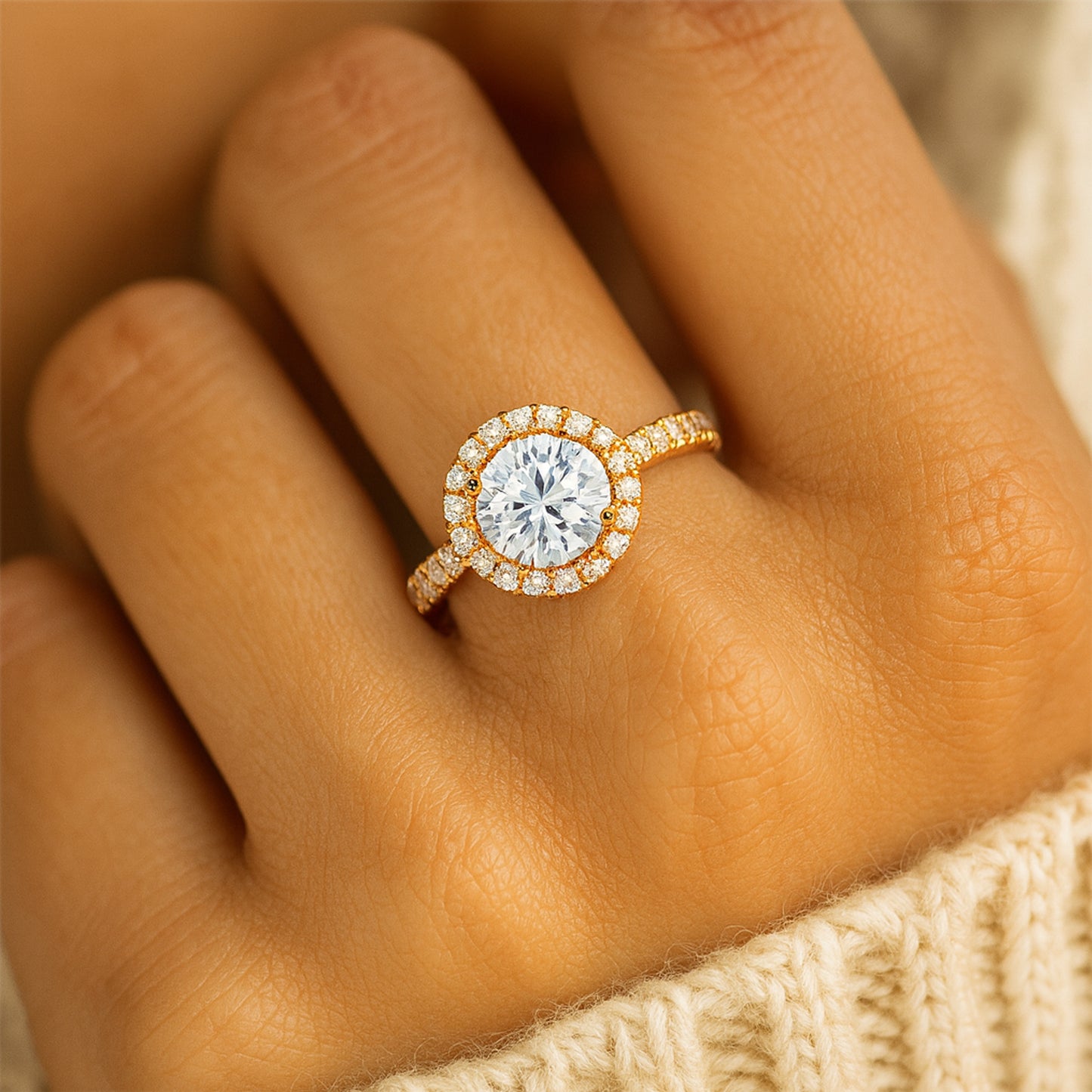 Women's Gold Diamond Wedding Ring - Round Halo Pave Band Design