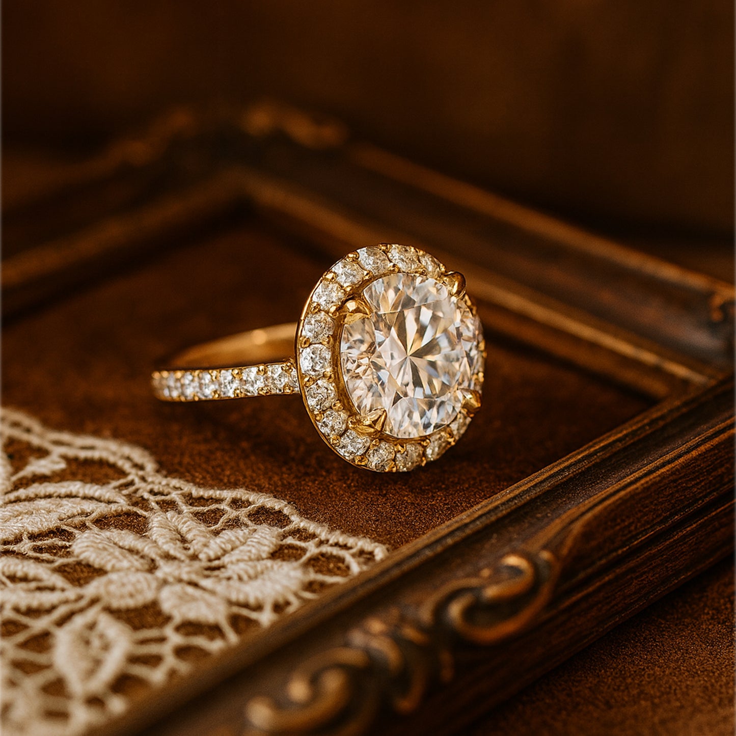 Women's Gold Diamond Wedding Ring - Round Halo Pave Band Design