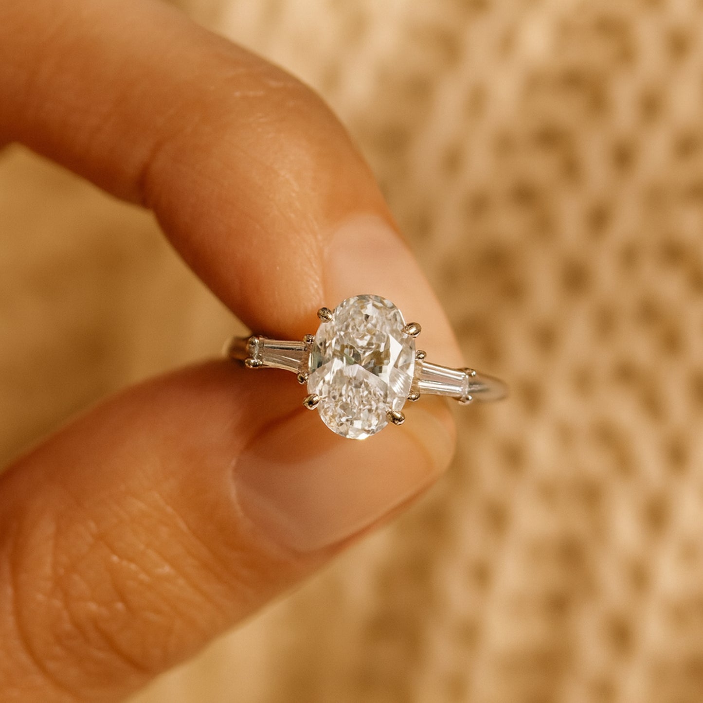 Female Marriage Ring Oval Solitaire Diamond Engagement Side Stone Ring