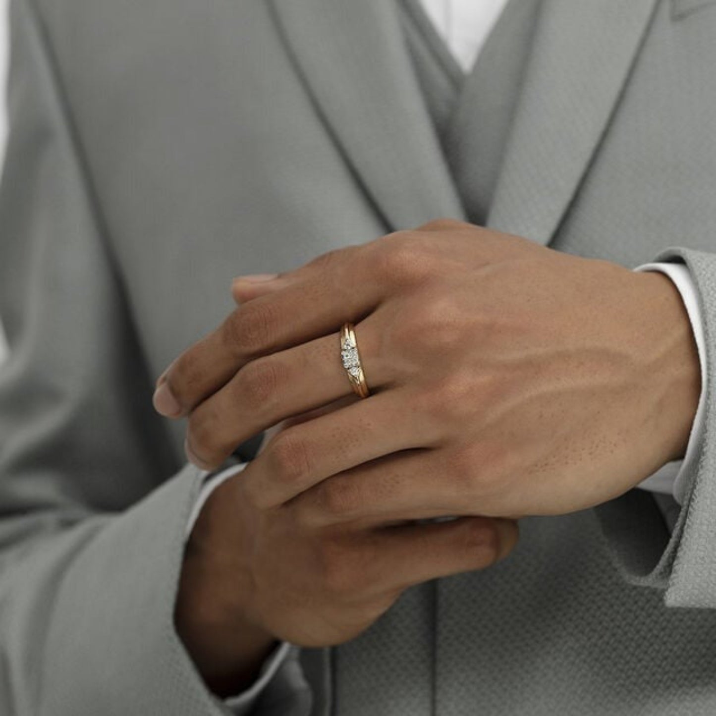 Wedding Ring Male 14K Gold - Three Diamond Stone Band for Men