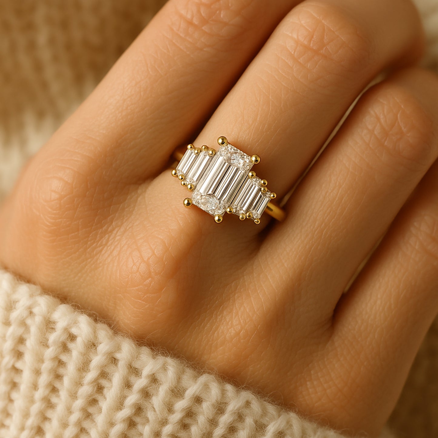 Female Engagement Rings Luxury Emerald Cut Side Baguettes Diamond Ring