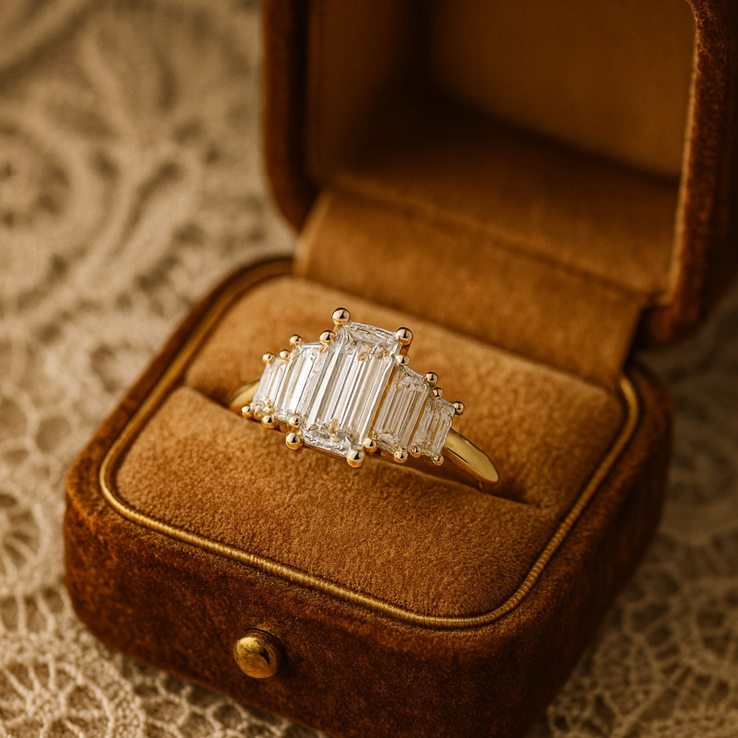 Female Engagement Rings Luxury Emerald Cut Side Baguettes Diamond Ring