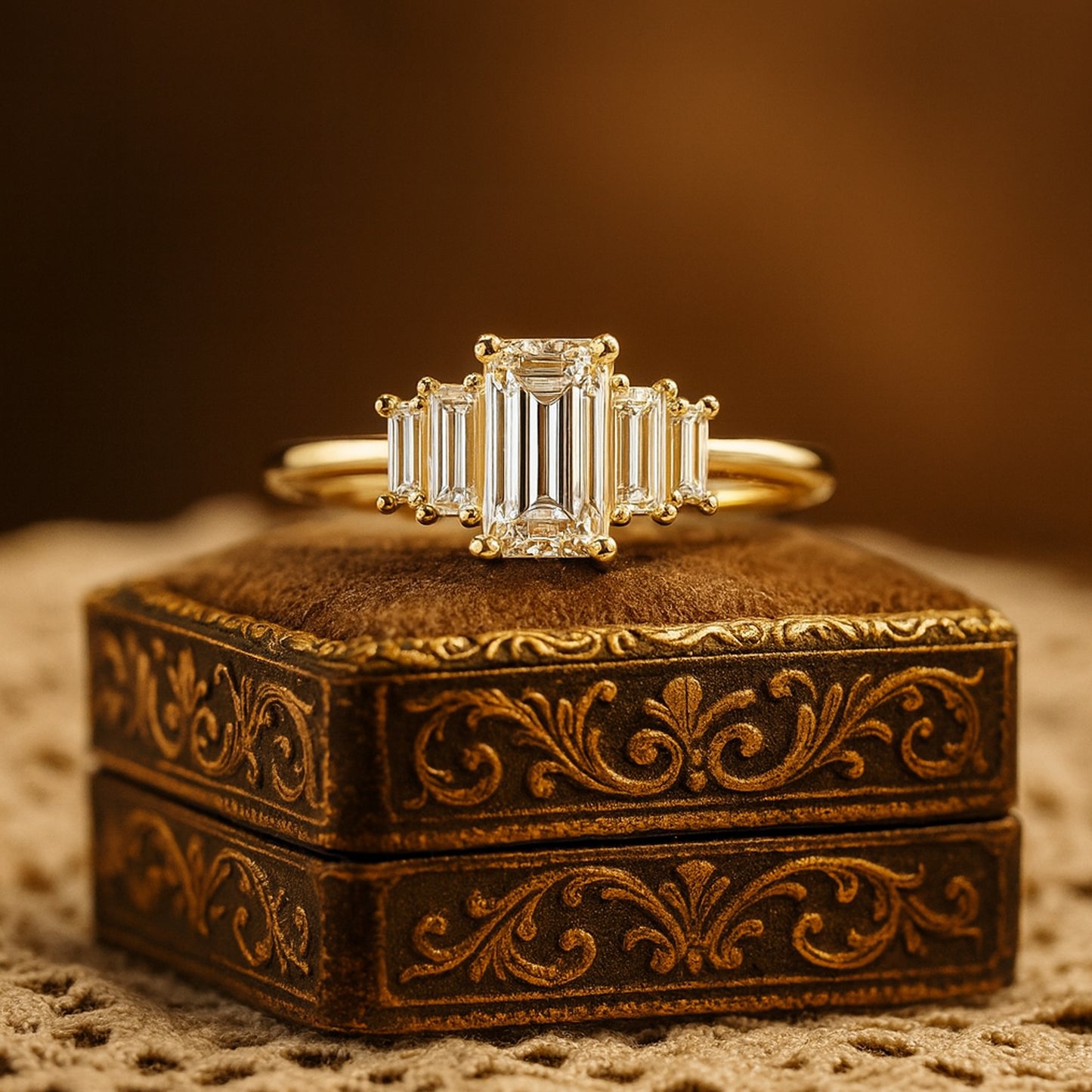 Female Engagement Rings Luxury Emerald Cut Side Baguettes Diamond Ring