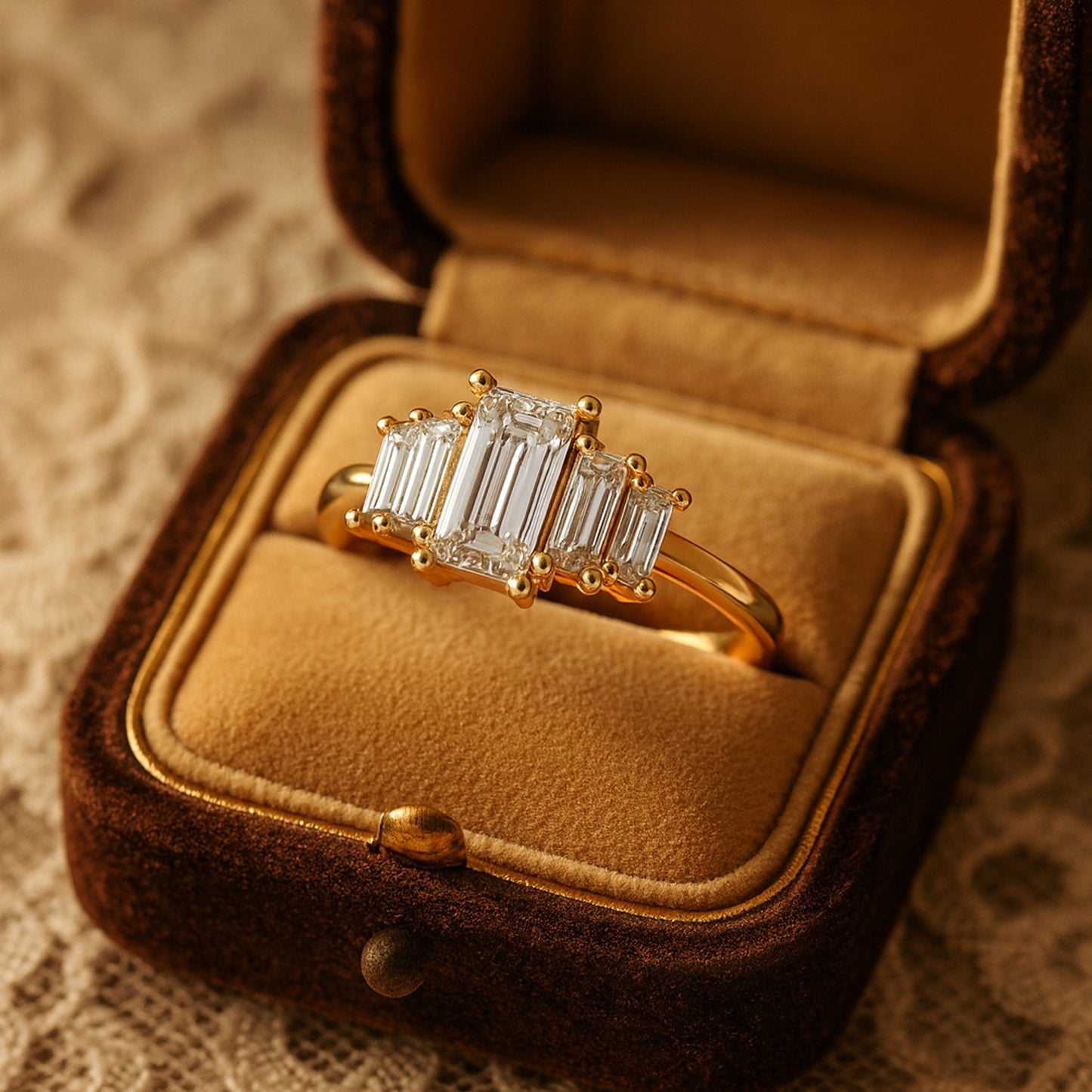 Female Engagement Rings Luxury Emerald Cut Side Baguettes Diamond Ring
