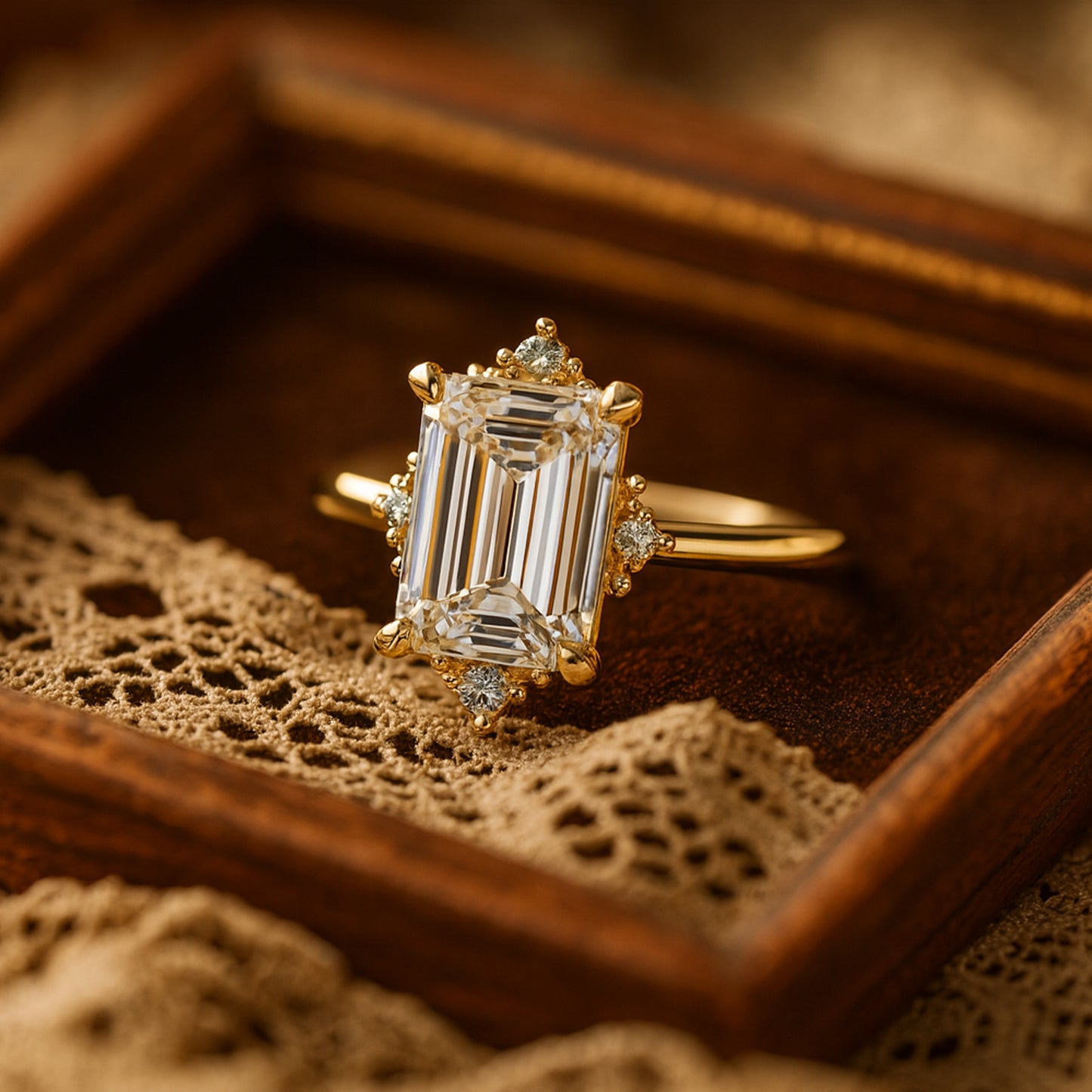 Wedding and Rings Emerald Cut Halo VVS1 Diamonds Bridal 10K Gold Rings
