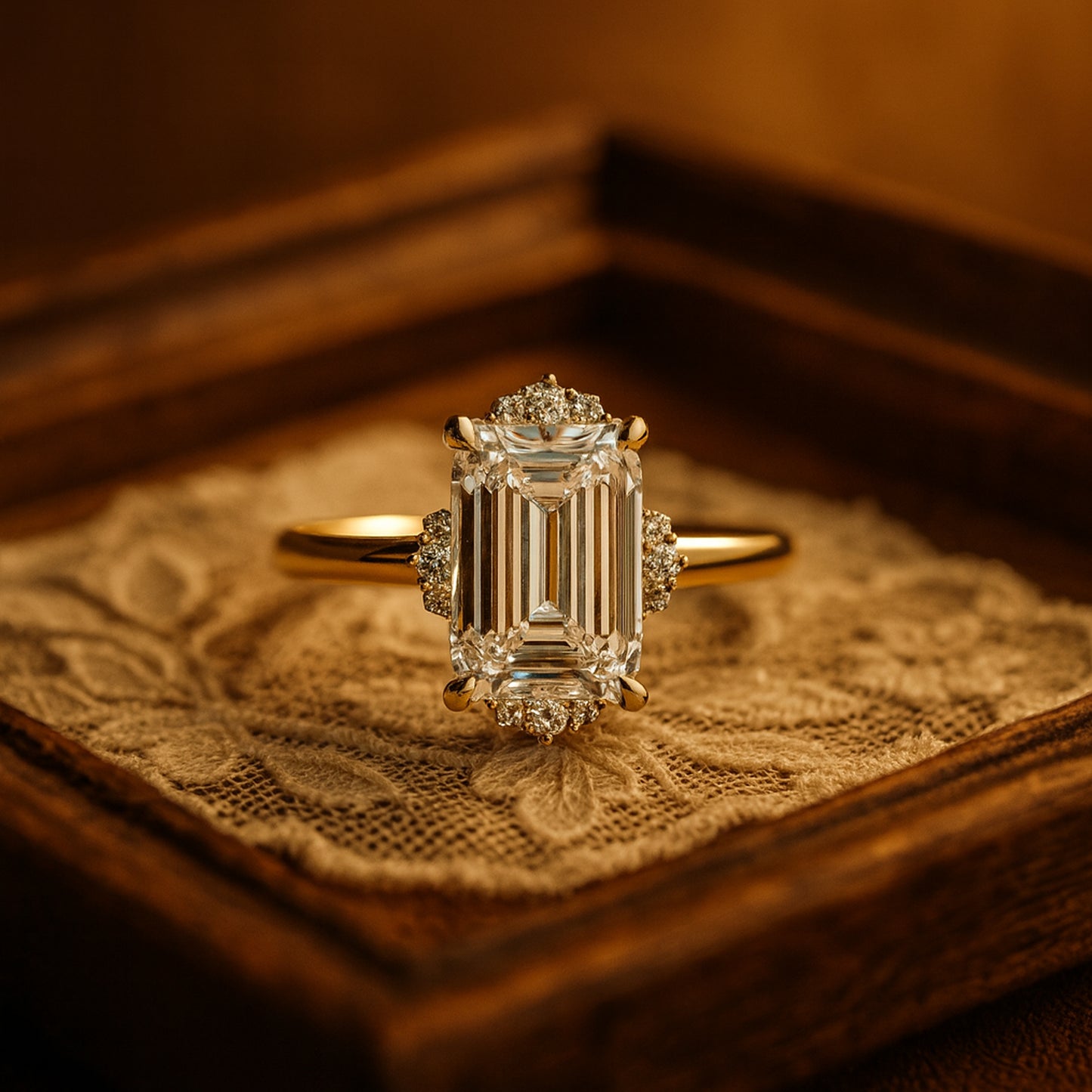 Wedding and Rings Emerald Cut Halo VVS1 Diamonds Bridal 10K Gold Rings