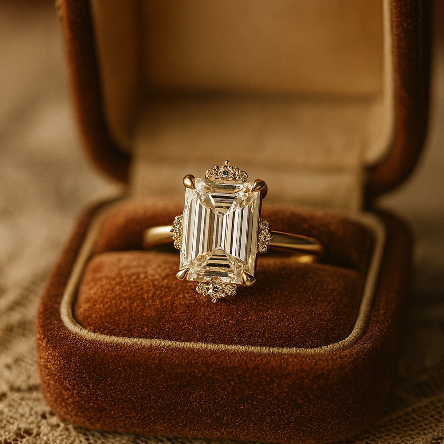 Wedding and Rings Emerald Cut Halo VVS1 Diamonds Bridal 10K Gold Rings