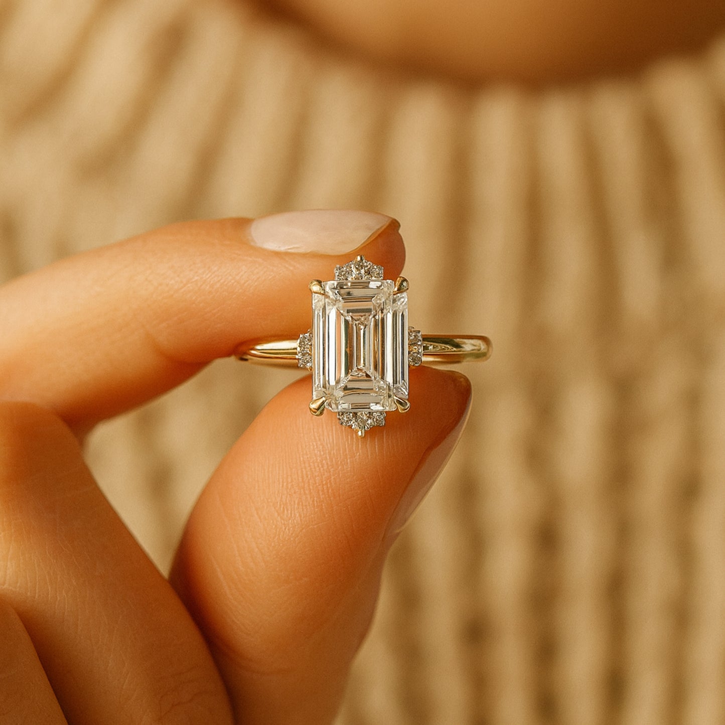 Wedding and Rings Emerald Cut Halo VVS1 Diamonds Bridal 10K Gold Rings