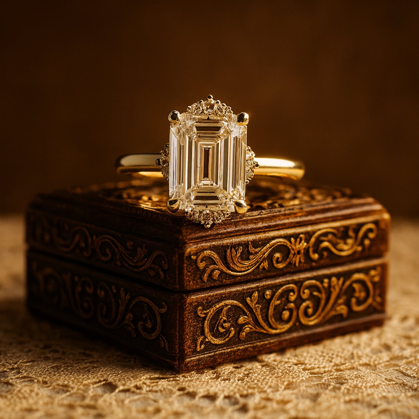 Wedding and Rings Emerald Cut Halo VVS1 Diamonds Bridal 10K Gold Rings
