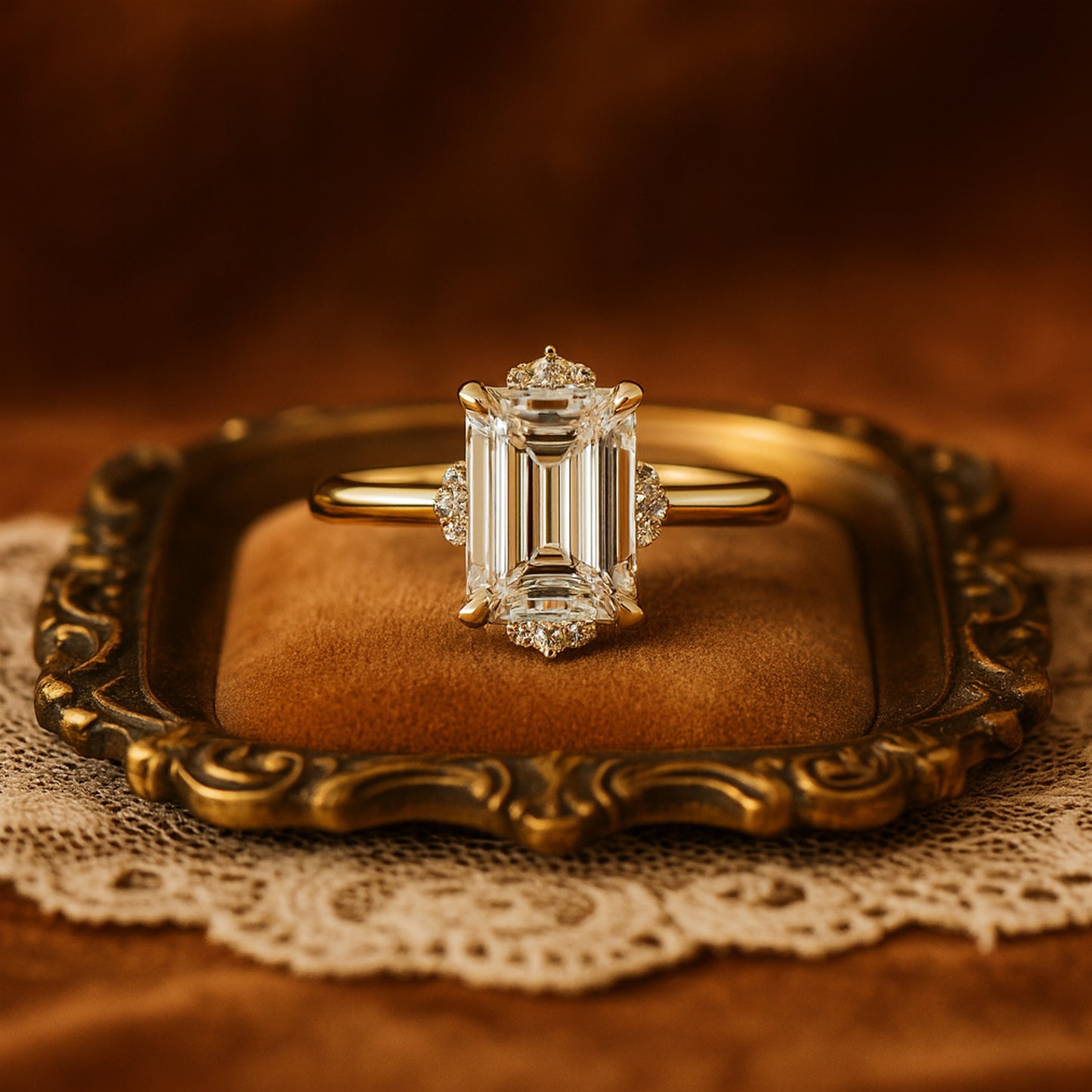 Wedding and Rings Emerald Cut Halo VVS1 Diamonds Bridal 10K Gold Rings