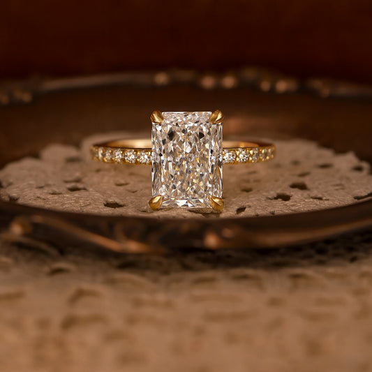 Classic Radiant Cut Moissanite Engagement Ring With Hidden Halo Setting In Gold - Elegant Wedding Band For Women