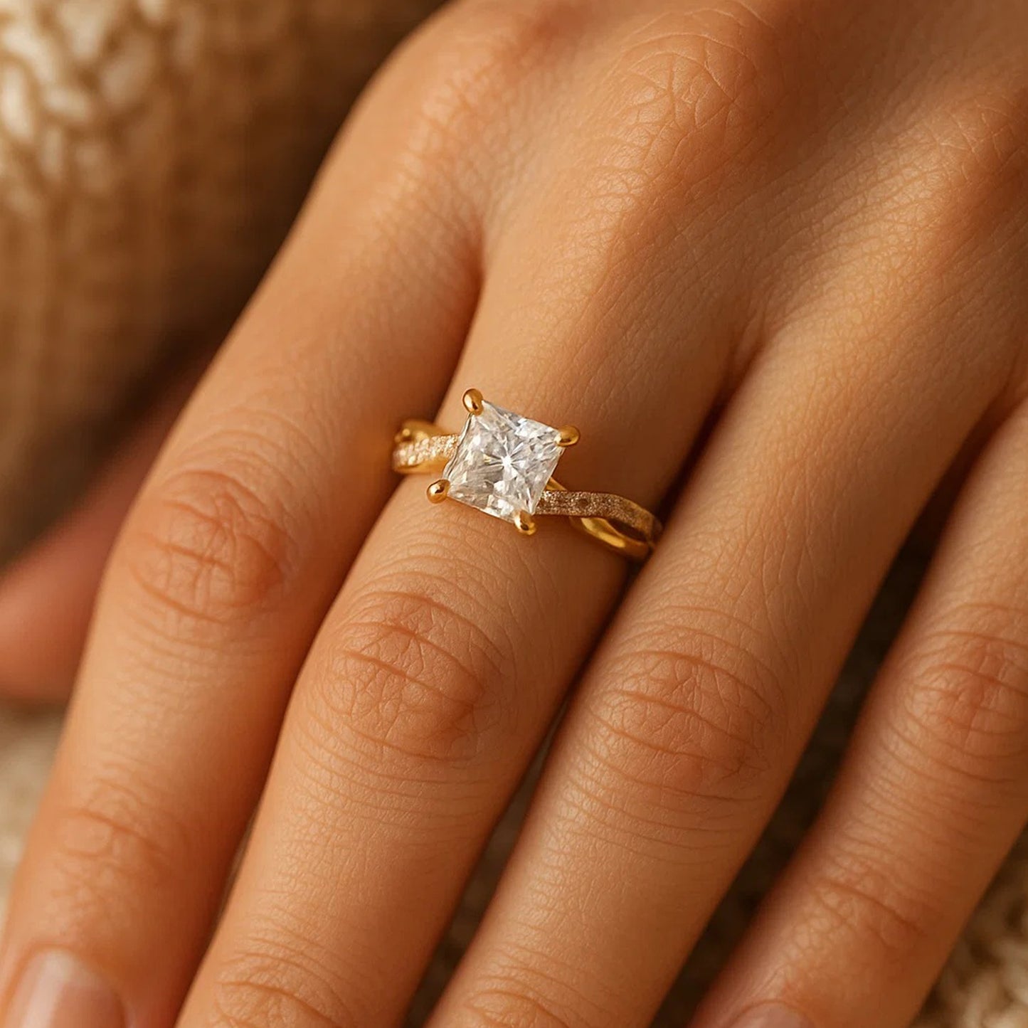 August Born Birthstone Princess Cut Diamond Engagement Twist Band Ring