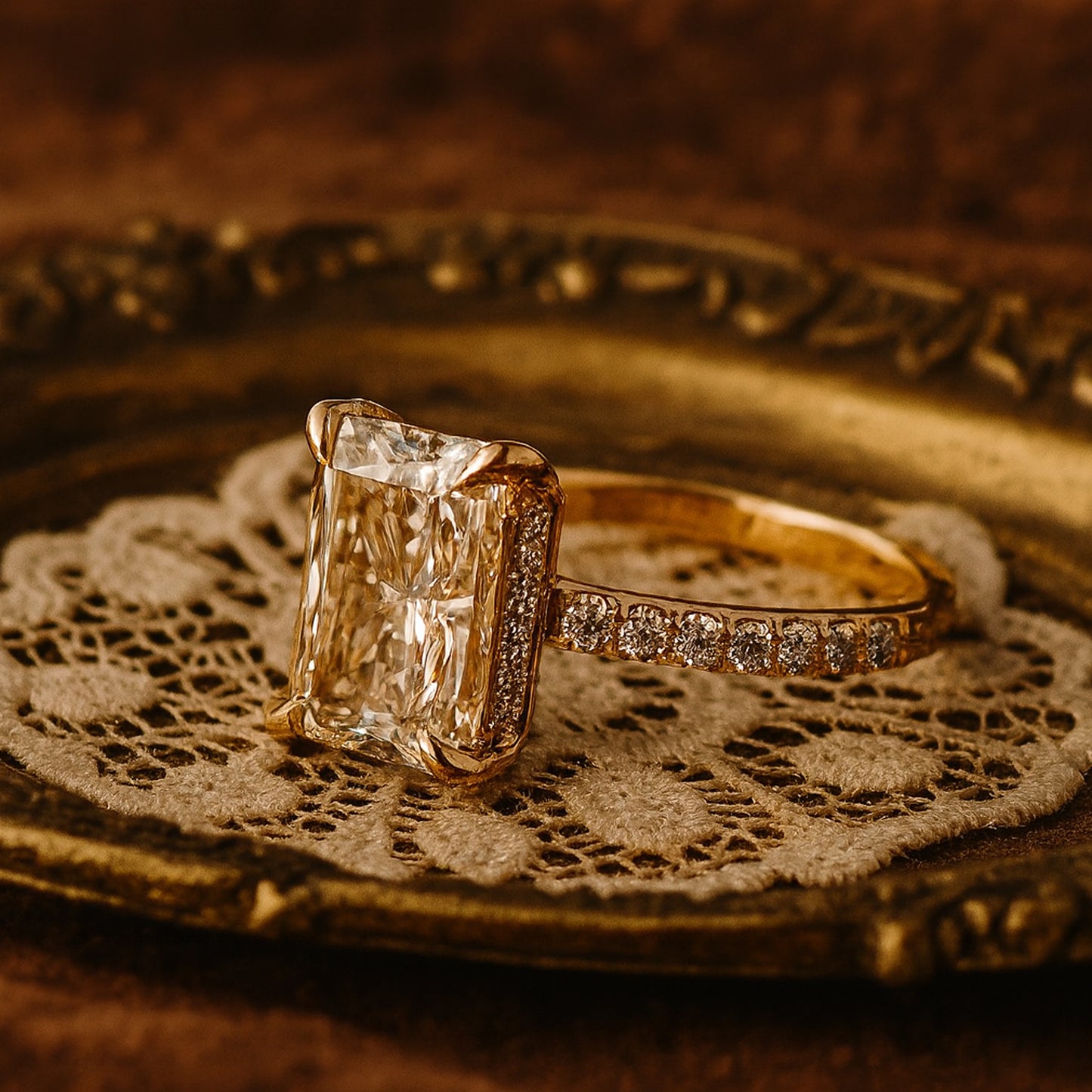Women's Gold Engagement Ring Featuring Radiant Cut Moissanite With Hidden Halo - Classic Wedding Band Style