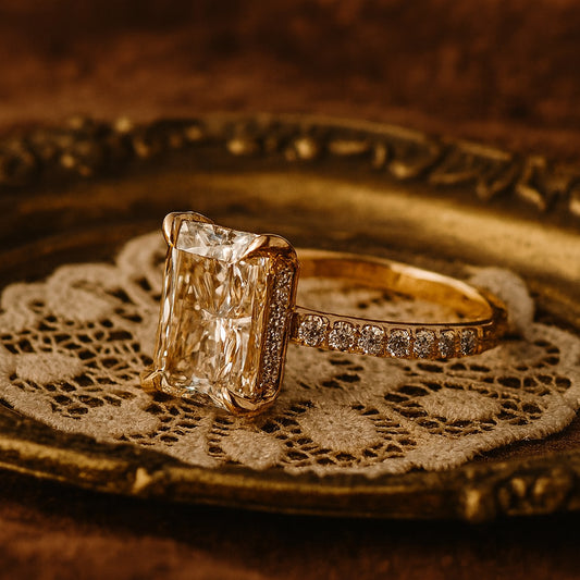 Women's Gold Engagement Ring Featuring Radiant Cut Moissanite With Hidden Halo - Classic Wedding Band Style