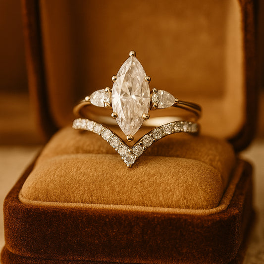 Marquise Moissanite Engagement Ring Set In Gold | Chevron Wedding Band Bridal Set