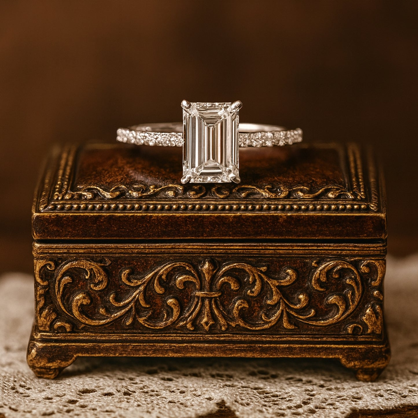 Women Bands Wedding Emerald Cut Diamond Engagement Ring with Pave Band