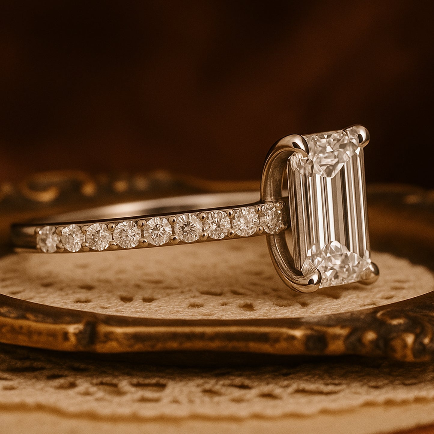 Women Bands Wedding Emerald Cut Diamond Engagement Ring with Pave Band