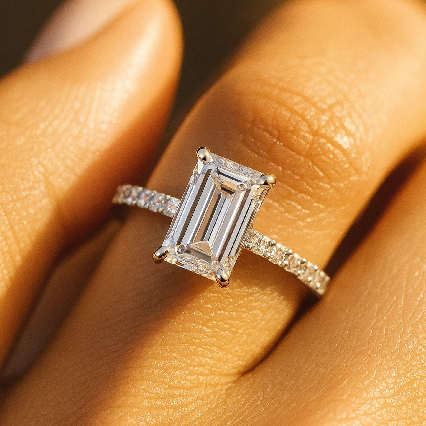 Women Bands Wedding Emerald Cut Diamond Engagement Ring with Pave Band