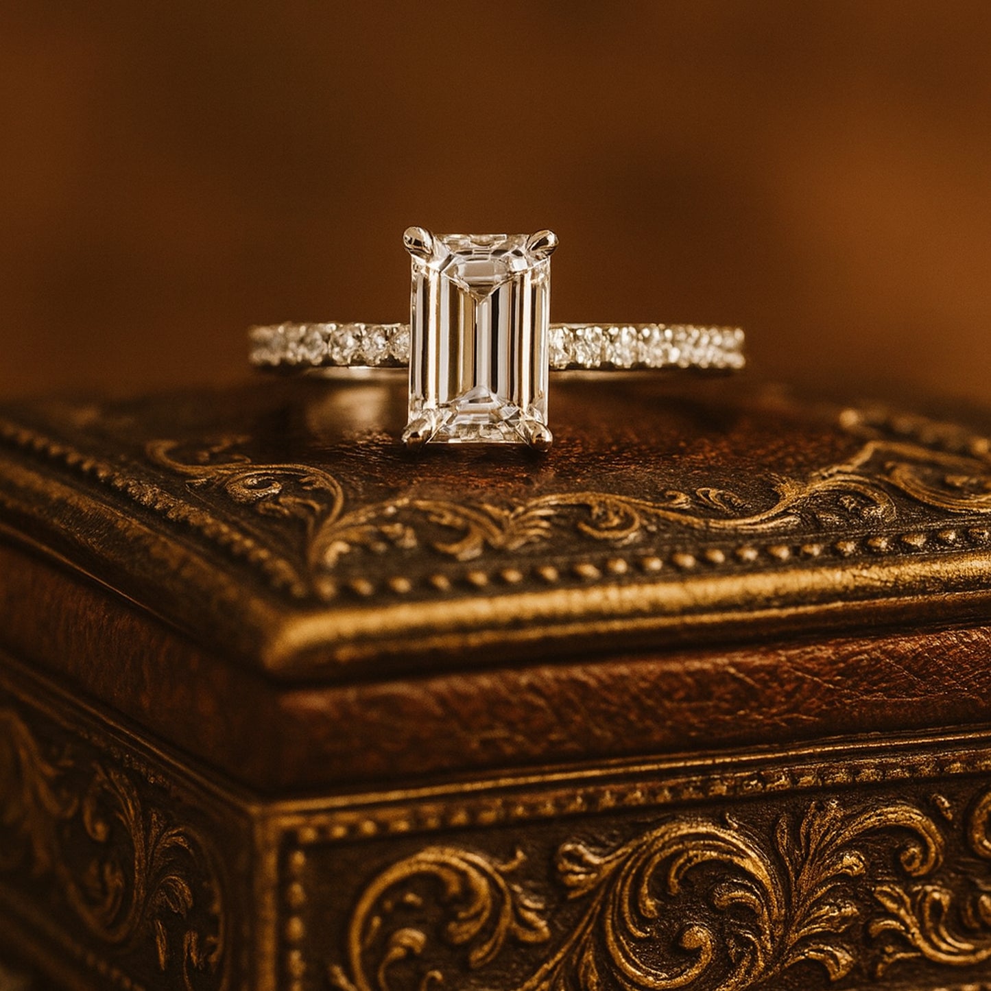 Women Bands Wedding Emerald Cut Diamond Engagement Ring with Pave Band