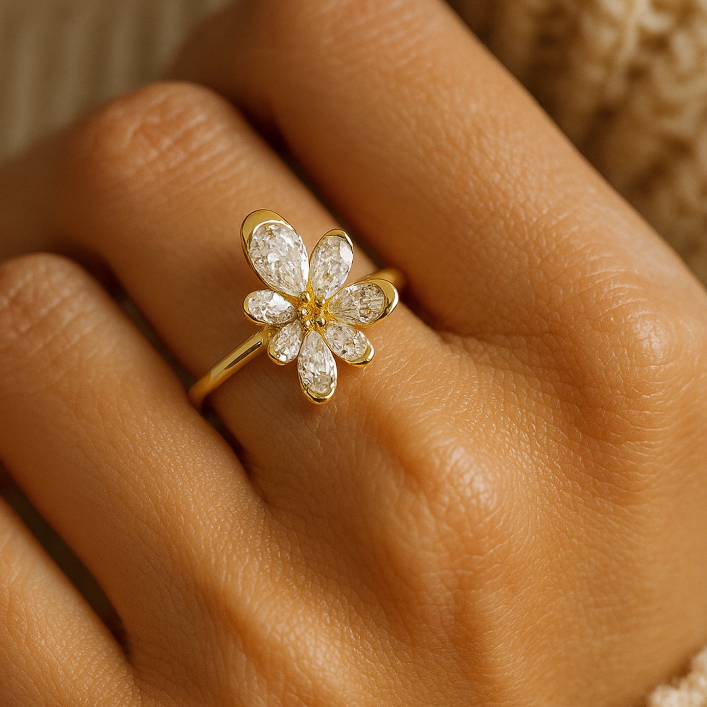 Married Ring Women Floral Diamond Pear Shaped Petals Design Gold Rings