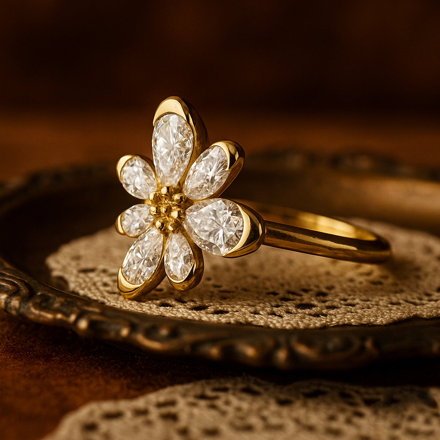 Married Ring Women Floral Diamond Pear Shaped Petals Design Gold Rings