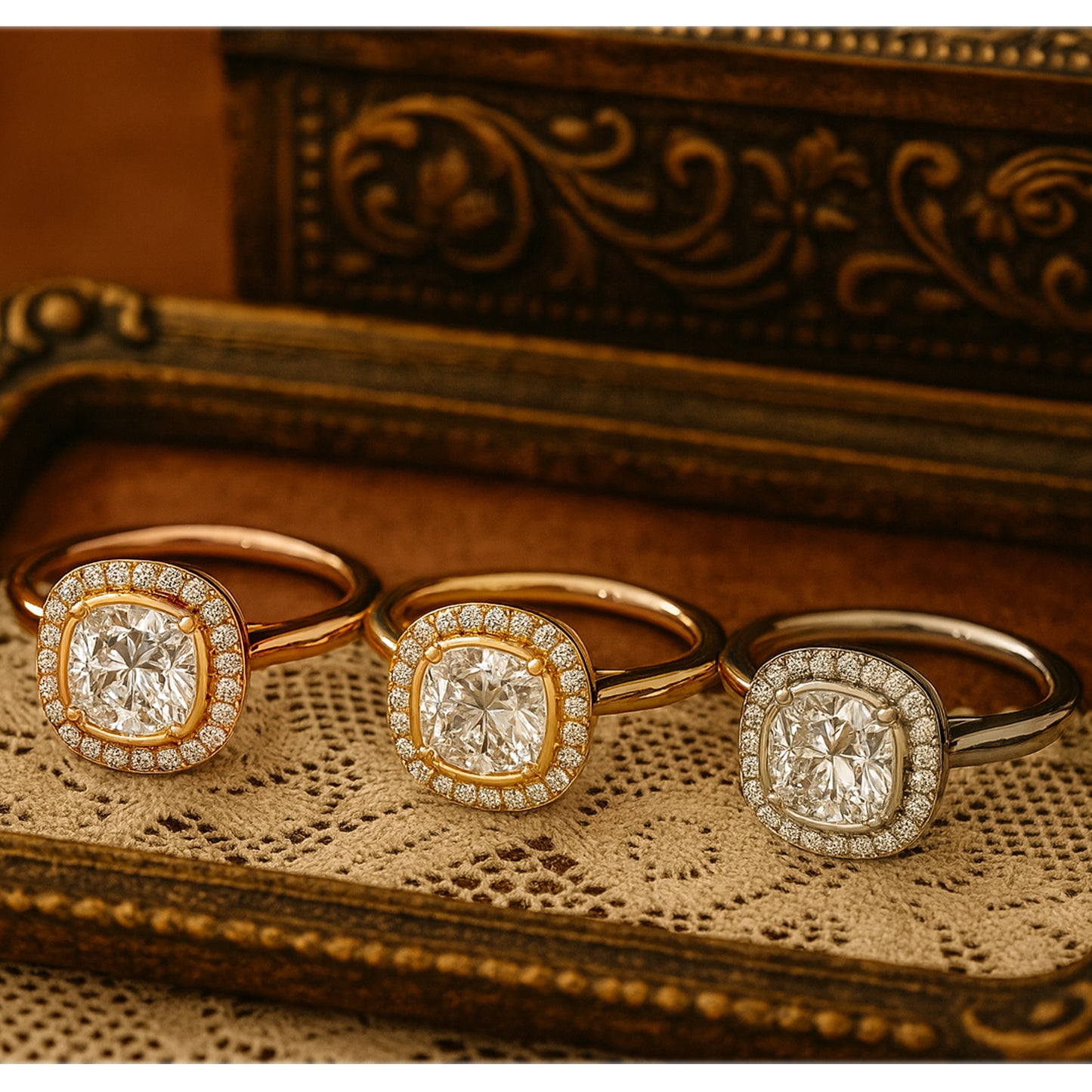 Diamond Halo Wedding Ring - Cushion Cut Center Stone Bridal Set