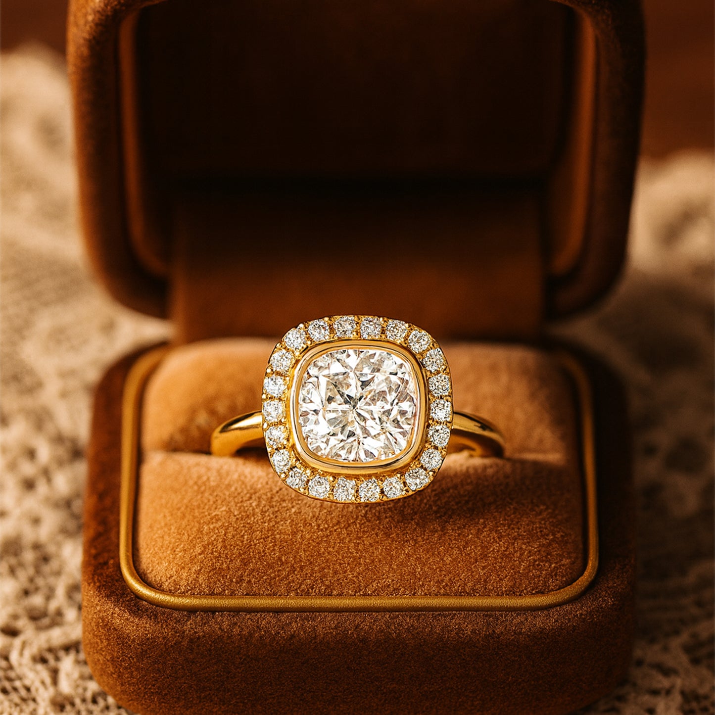 Diamond Halo Wedding Ring - Cushion Cut Center Stone Bridal Set