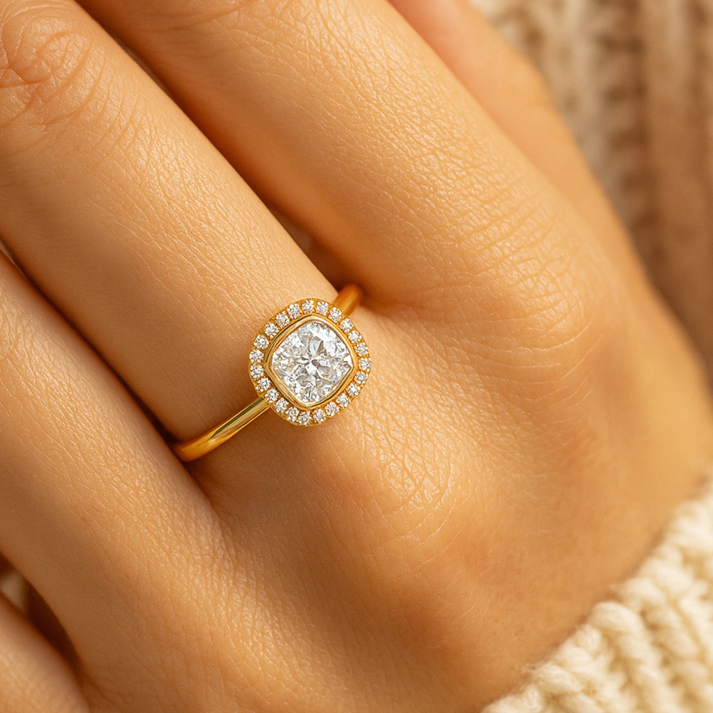 Diamond Halo Wedding Ring - Cushion Cut Center Stone Bridal Set