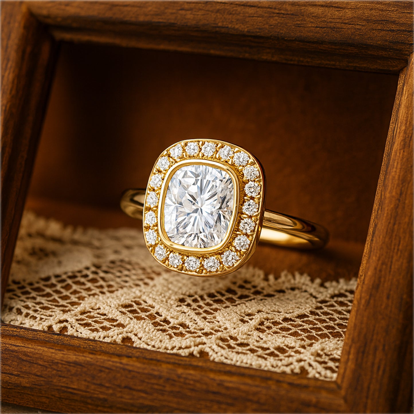 Diamond Halo Wedding Ring - Cushion Cut Center Stone Bridal Set