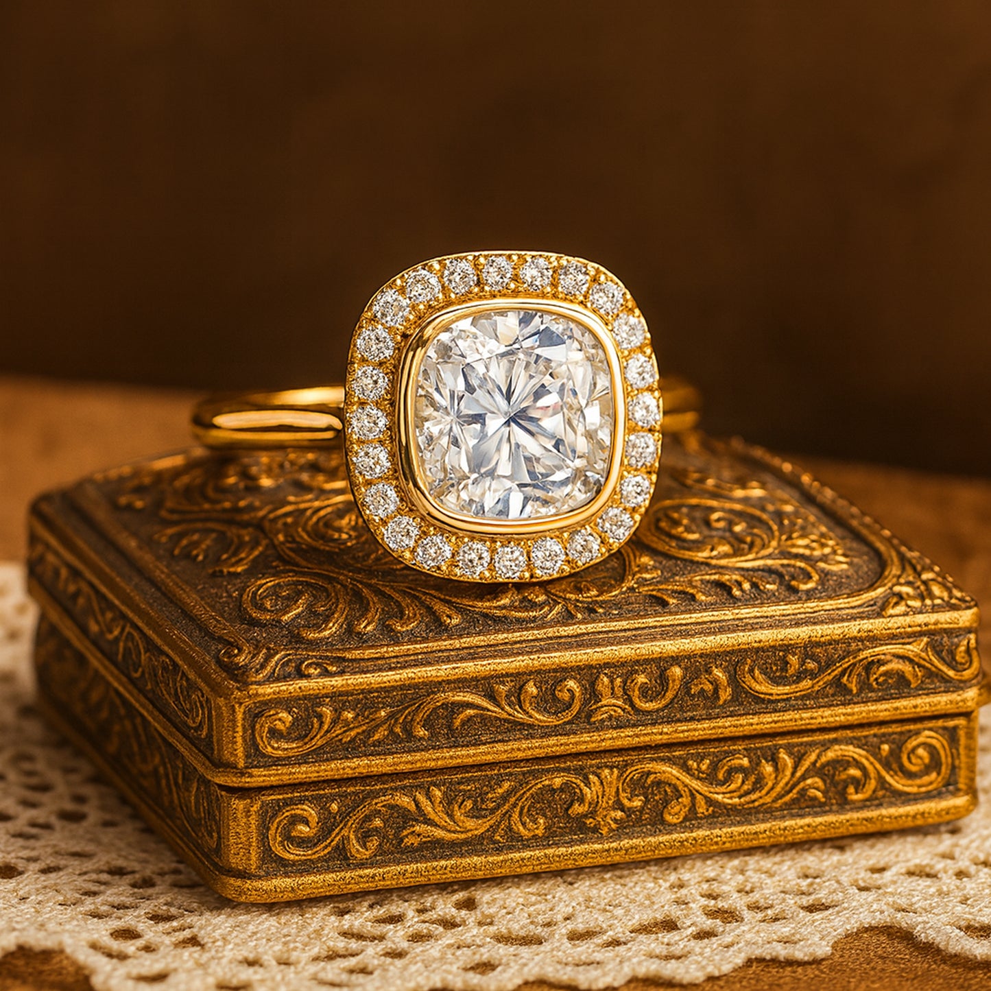 Diamond Halo Wedding Ring - Cushion Cut Center Stone Bridal Set