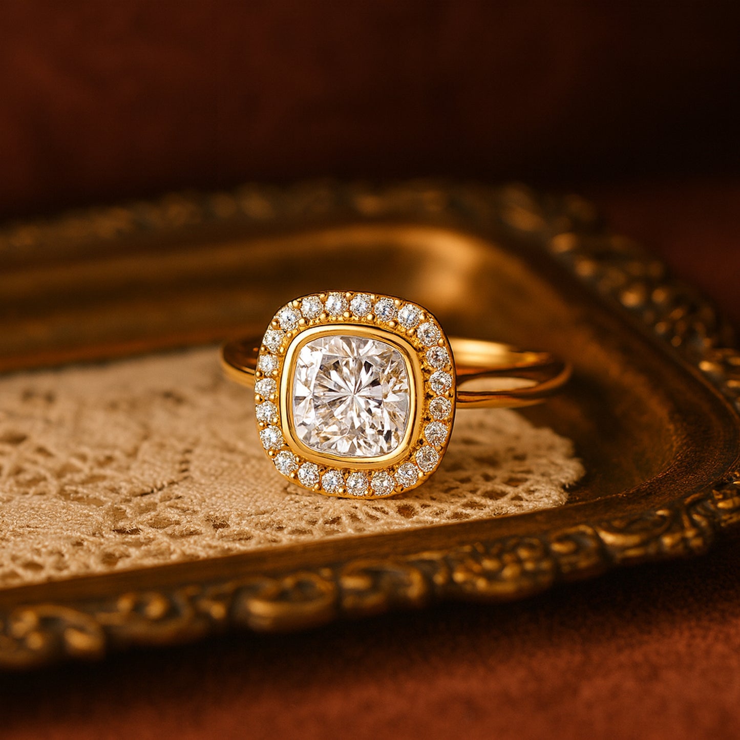 Diamond Halo Wedding Ring - Cushion Cut Center Stone Bridal Set