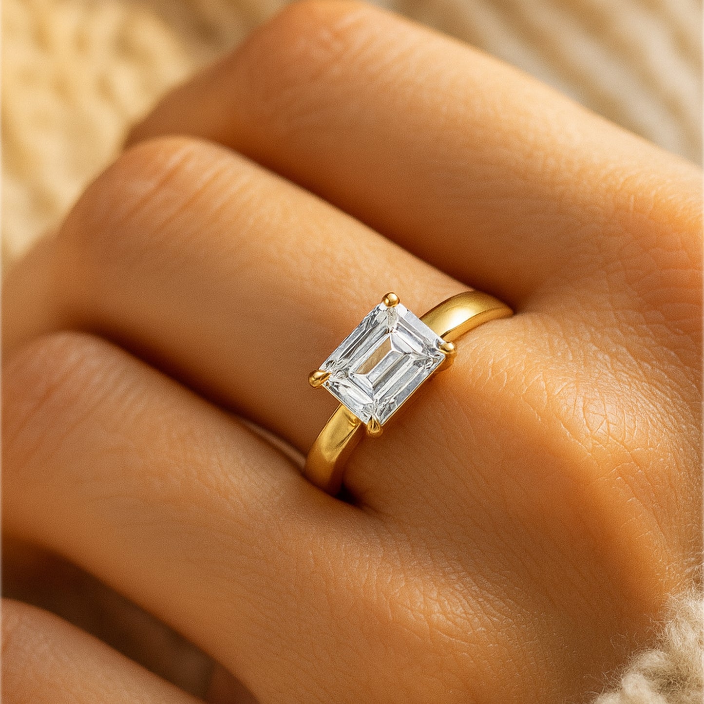 Women's Gold Promise Ring - Emerald Cut Diamond Solitaire Rings
