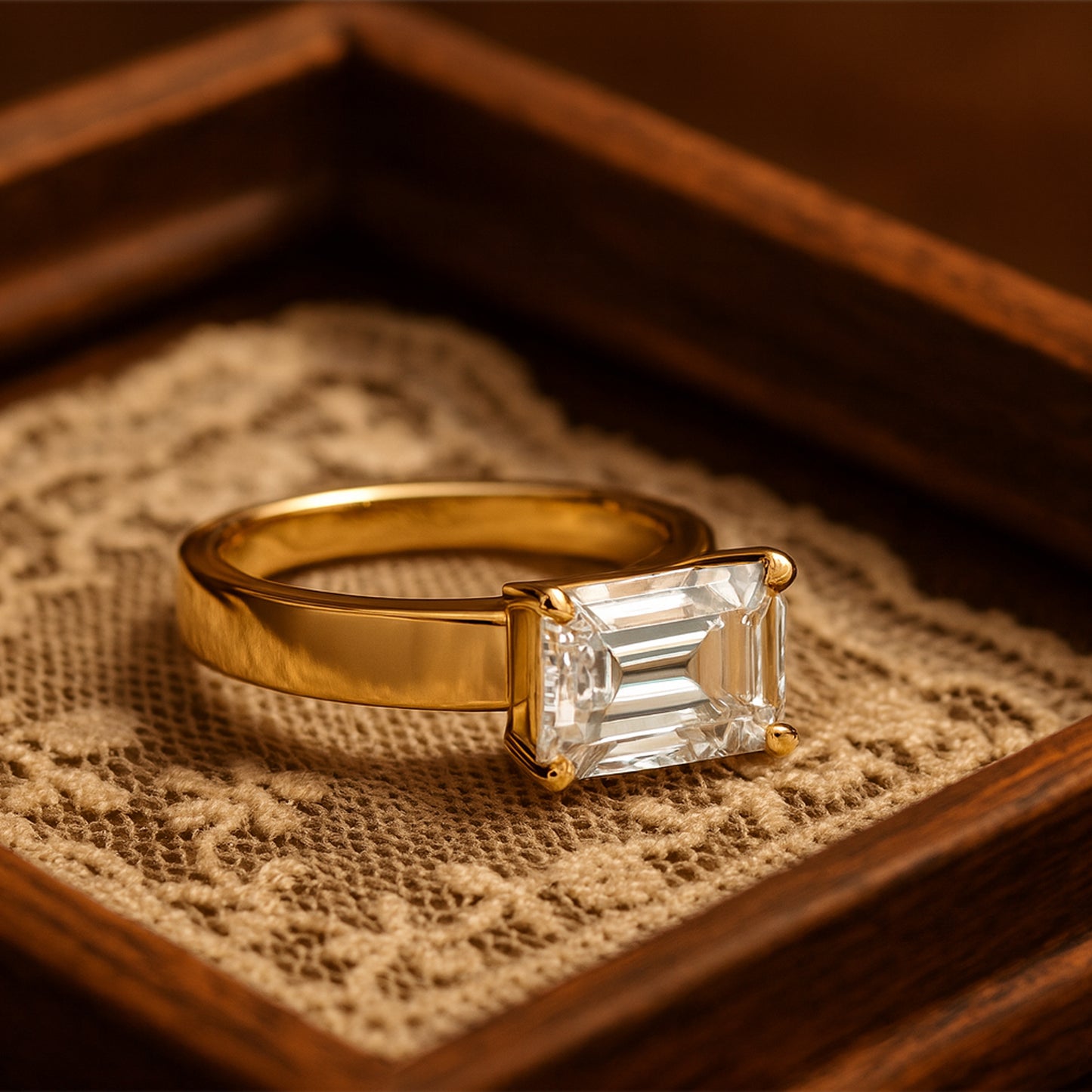 Women's Gold Promise Ring - Emerald Cut Diamond Solitaire Rings