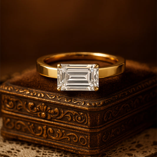 Women's Gold Promise Ring - Emerald Cut Diamond Solitaire Rings