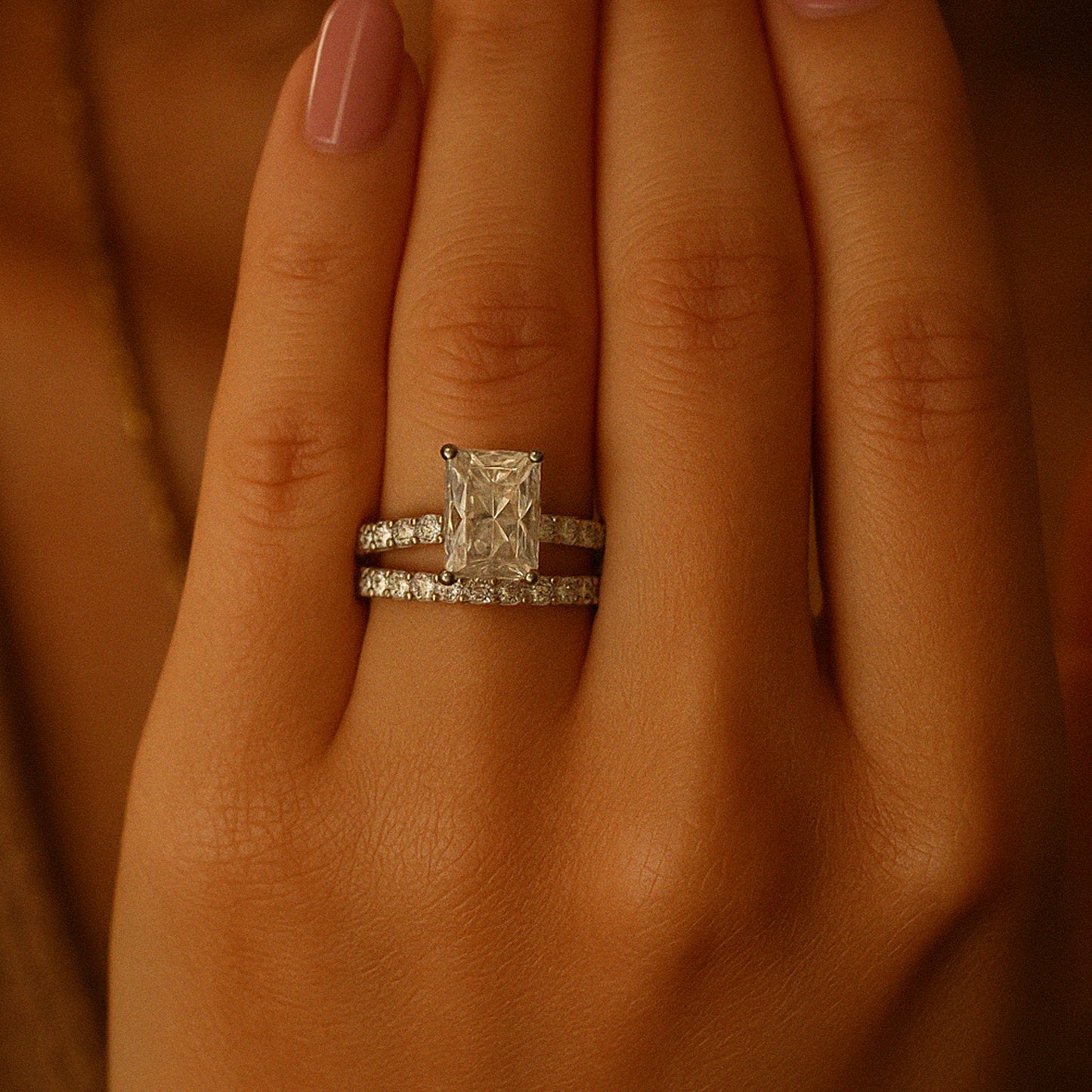 Wedding Rings Radiant Cut VVS1 Diamond Ring with Matching Diamond Band