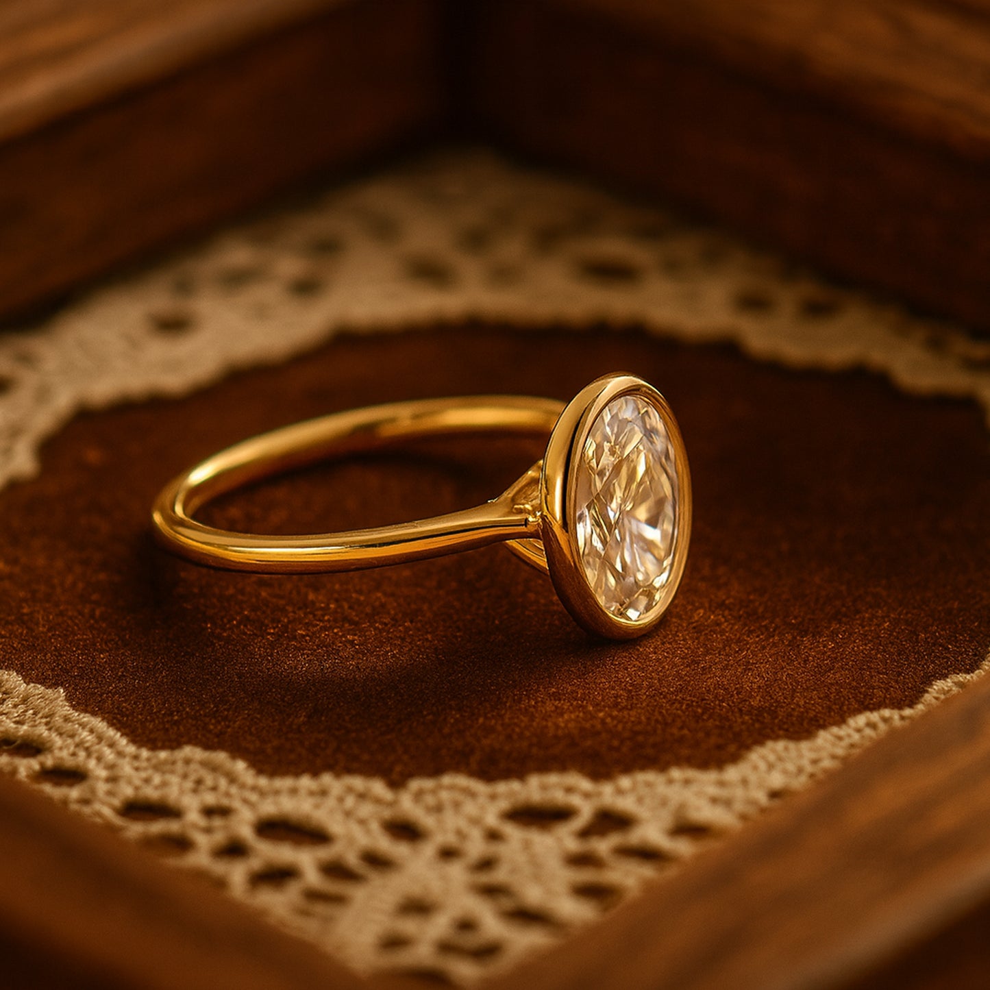 Weddings Bands for Her Brilliant Oval Diamond Bezel Setting Gold Rings