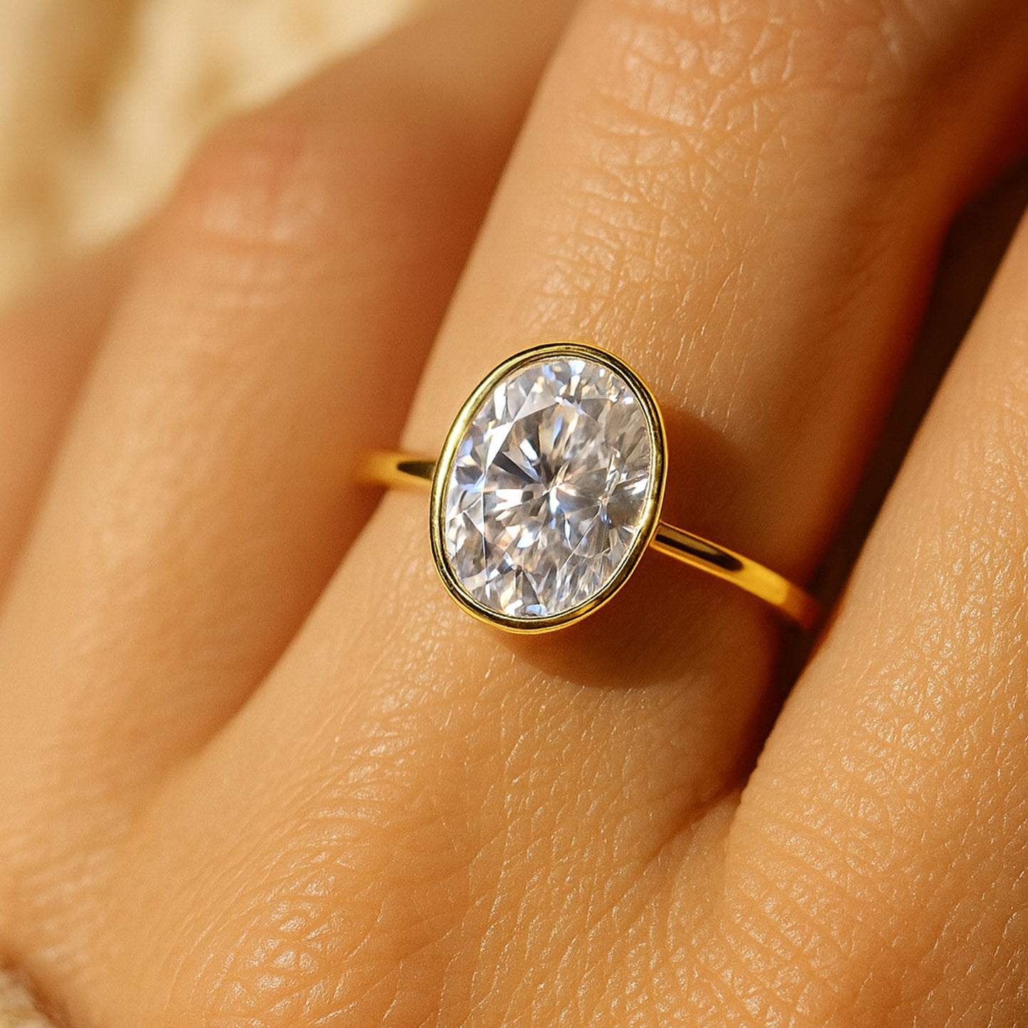 Weddings Bands for Her Brilliant Oval Diamond Bezel Setting Gold Rings