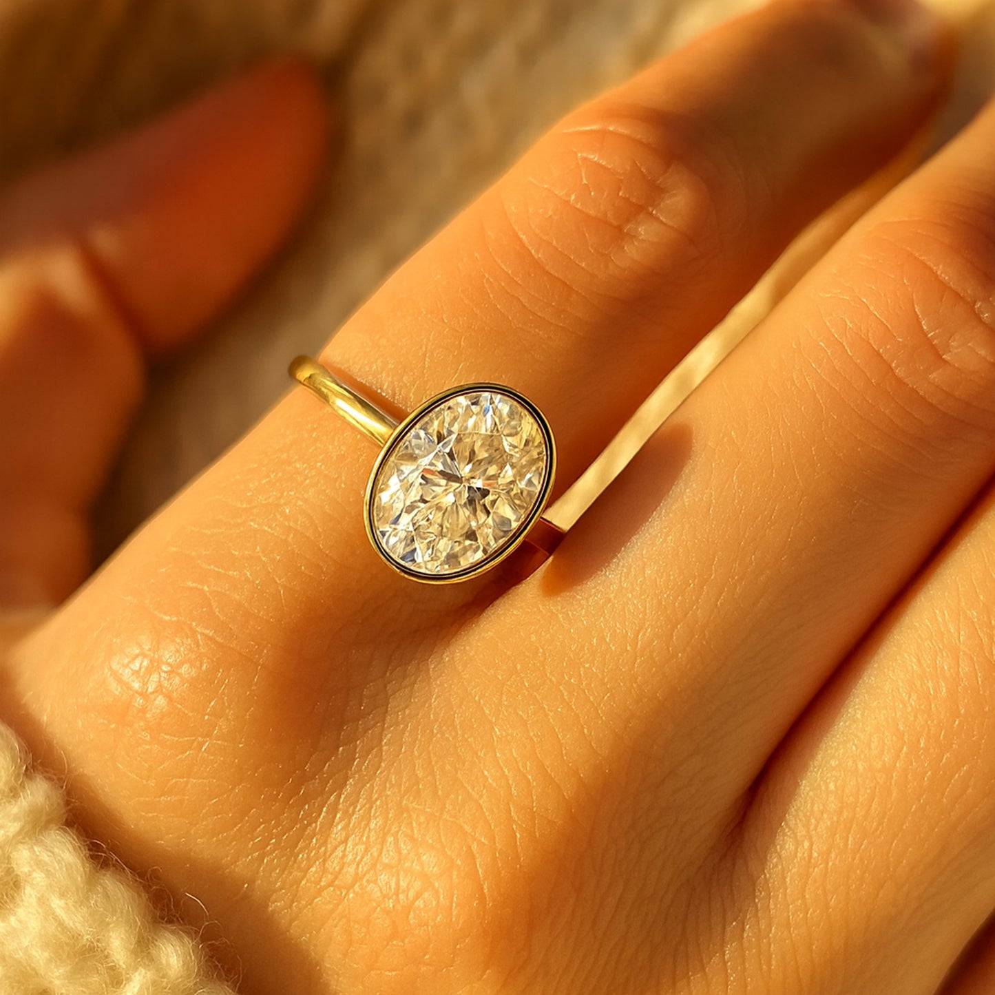 Weddings Bands for Her Brilliant Oval Diamond Bezel Setting Gold Rings