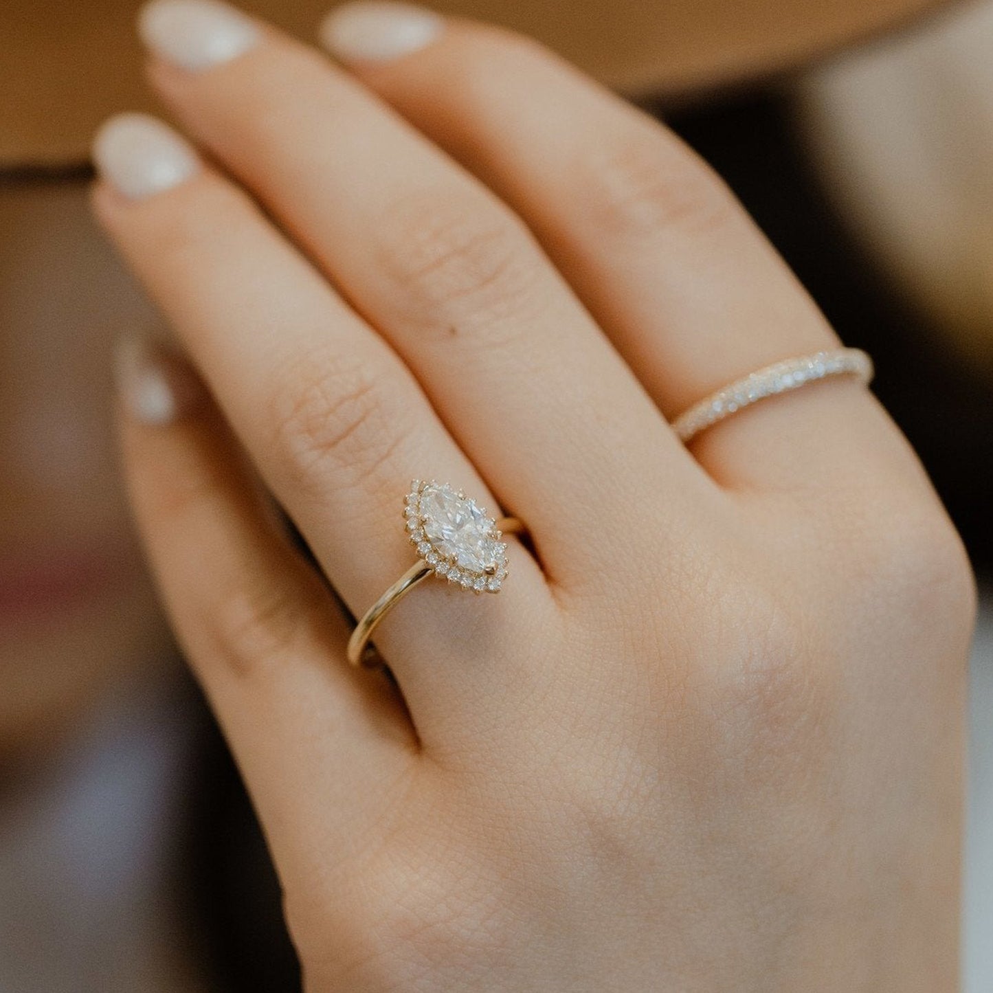 Stunning 14K Yellow Gold Marquise Diamond Halo Solitaire Proposal Ring USA made engagement rings