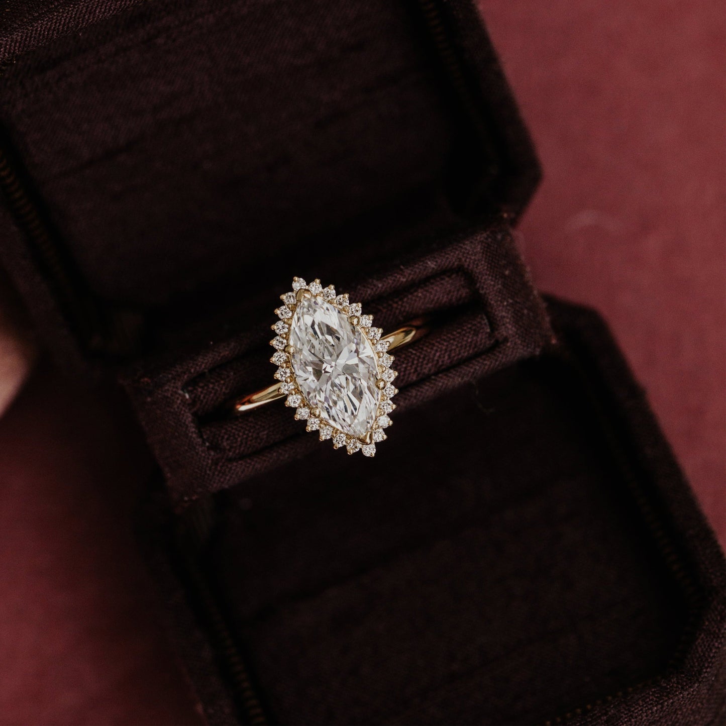 Stunning 14K Yellow Gold Marquise Diamond Halo Solitaire Proposal Ring USA made engagement rings