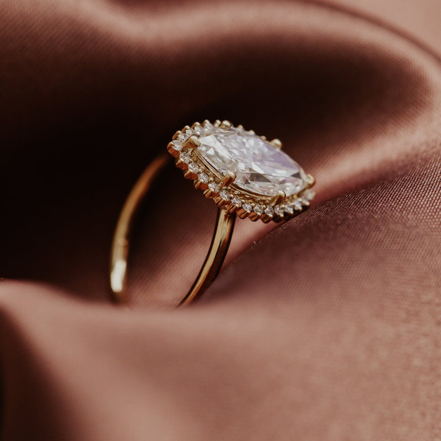 Stunning 14K Yellow Gold Marquise Diamond Halo Solitaire Proposal Ring USA made engagement rings