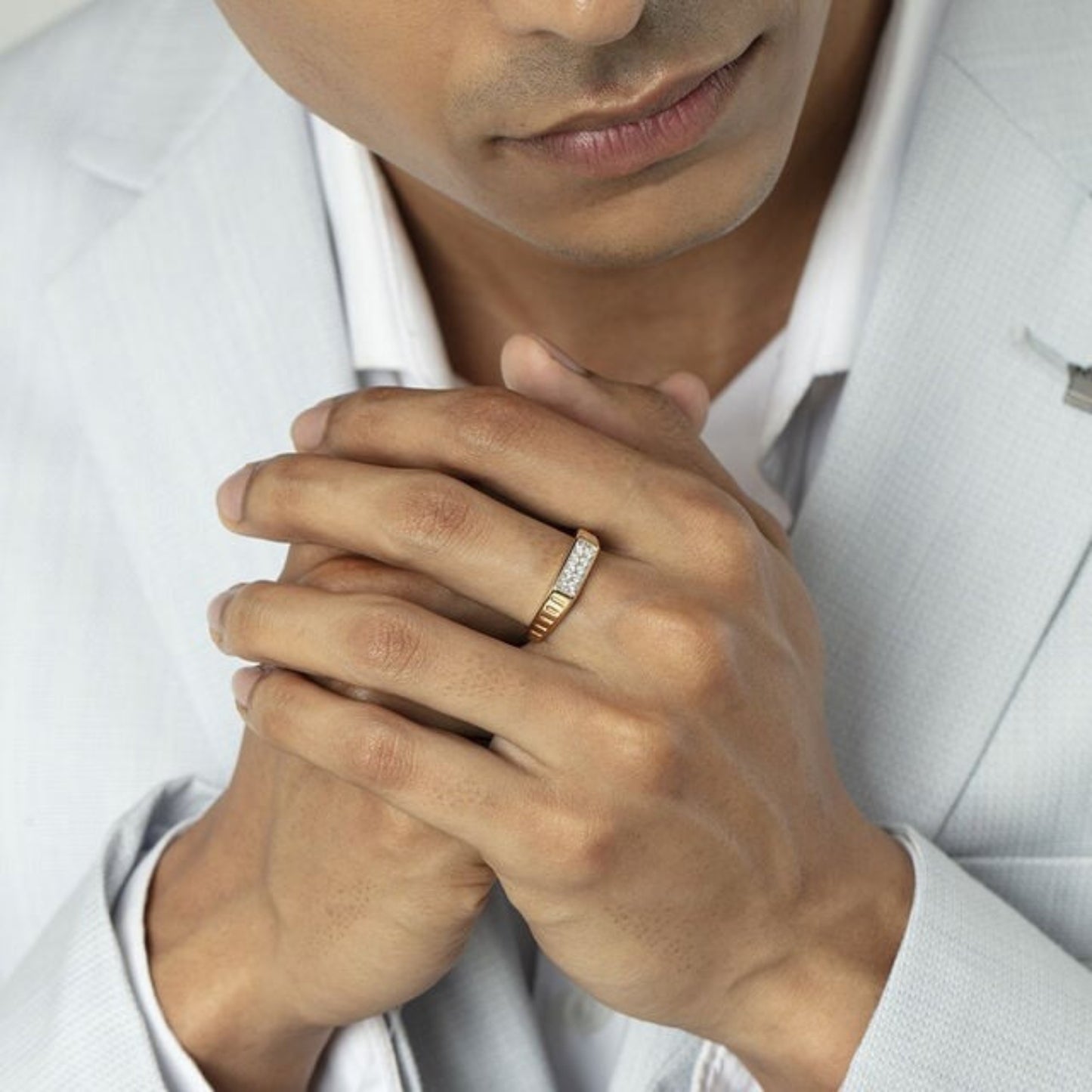 Married Ring for Man - 18K Gold Cluster Band with Pavé Center