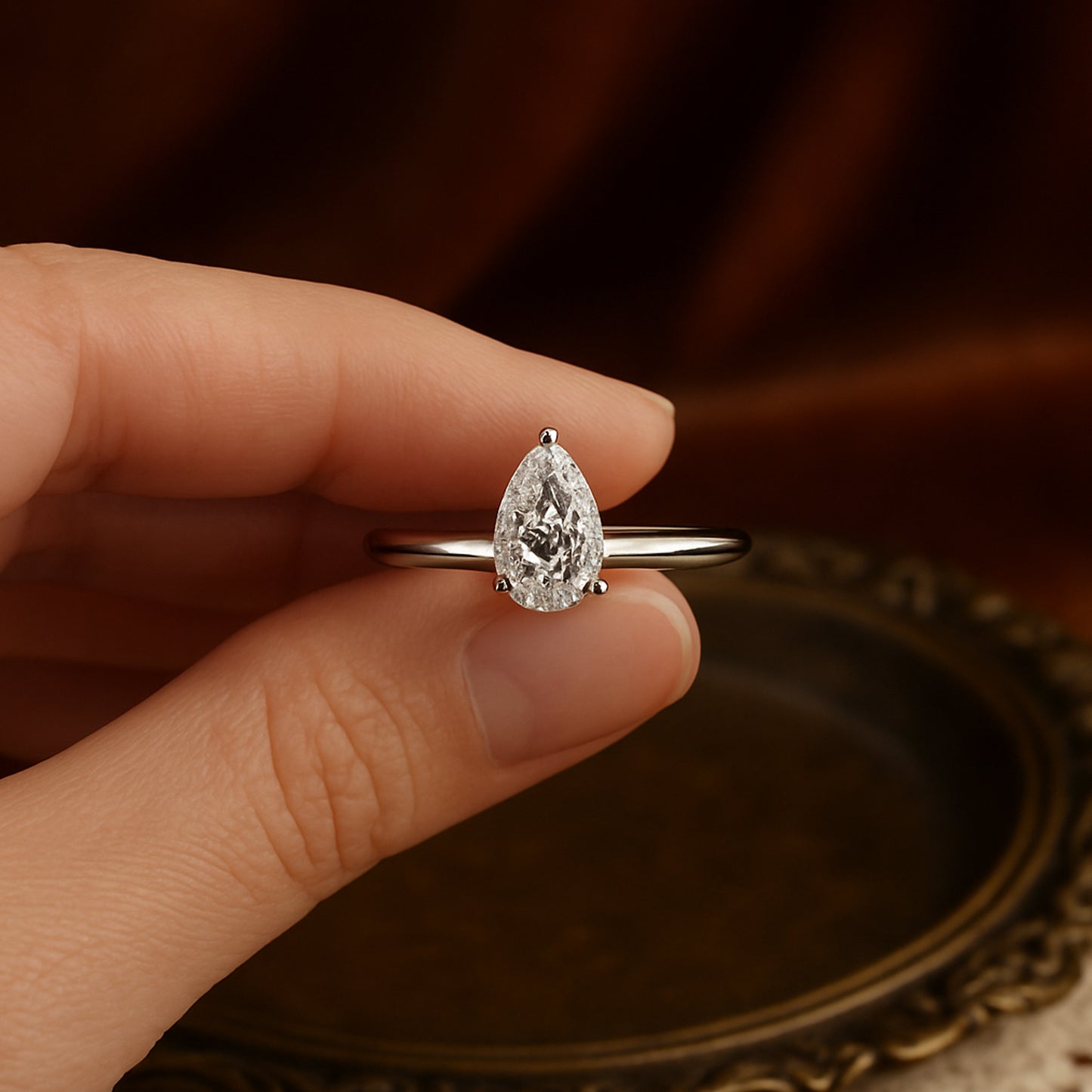 Birthstone Month April Pear Cut Diamond Solitaire 10K White Gold Rings
