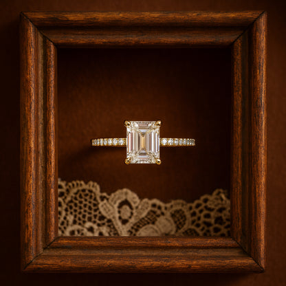 Luxury Emerald Cut Moissanite Wedding Ring For Women Featuring High Cathedral Design And Diamond Alternative Shine