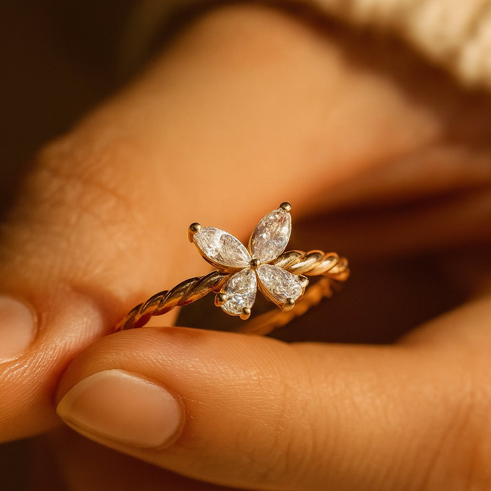 Elegant Moissanite Butterfly Ring For Women In 14K Gold With Twisted Band Detailing And Diamond-Like Brilliance And Radiance.
