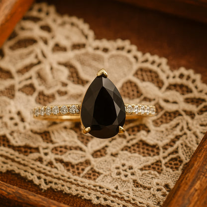 Natural Black Diamond Pear Wedding Ring with Diamond Accents Gold Ring
