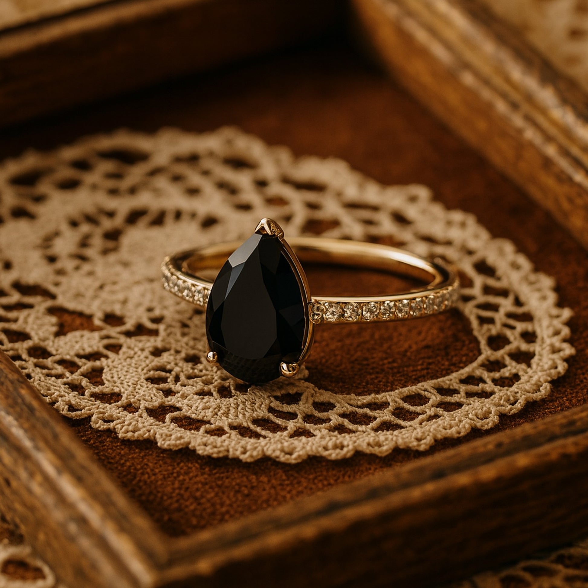 Natural Black Diamond Pear Wedding Ring with Diamond Accents Gold Ring
