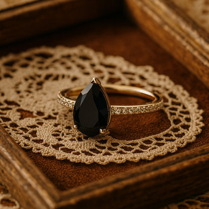 Natural Black Diamond Pear Wedding Ring with Diamond Accents Gold Ring

