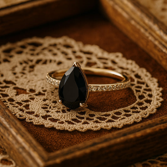 Natural Black Diamond Pear Wedding Ring with Diamond Accents Gold Ring
