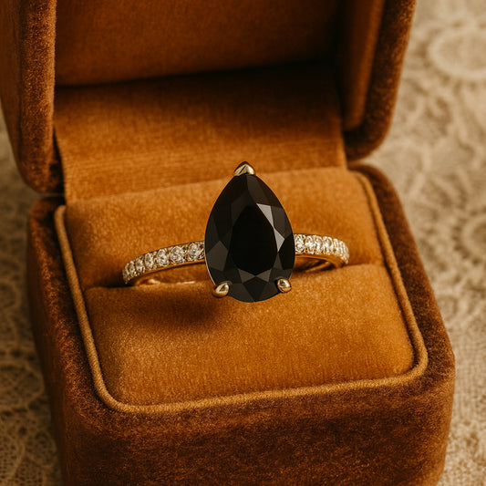Natural Black Diamond Pear Wedding Ring with Diamond Accents Gold Ring
